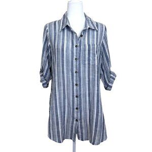 Anthropologie Kyla Seo Tunic Button-Up Top Striped Floral Roll-Tab Sleeve Sz M